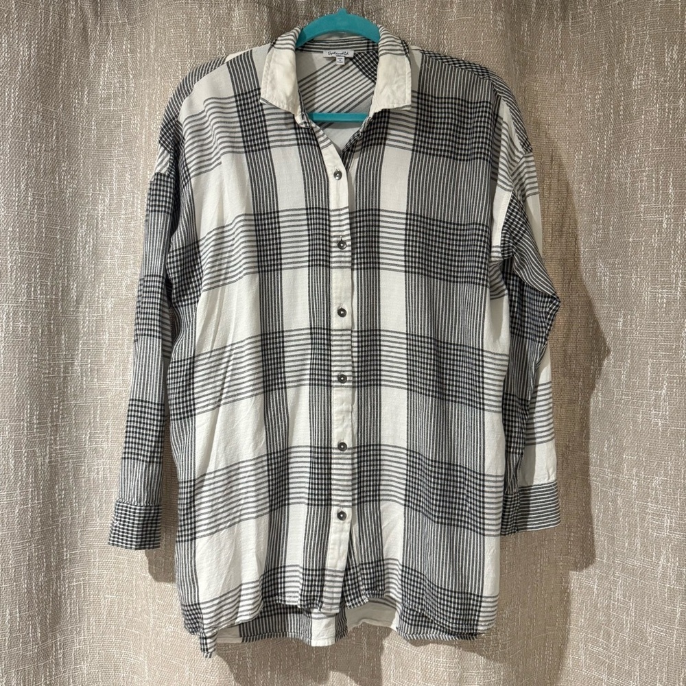 Splendid Black & White Plaid Rayon Oversized Button Down Tunic Shirt Small